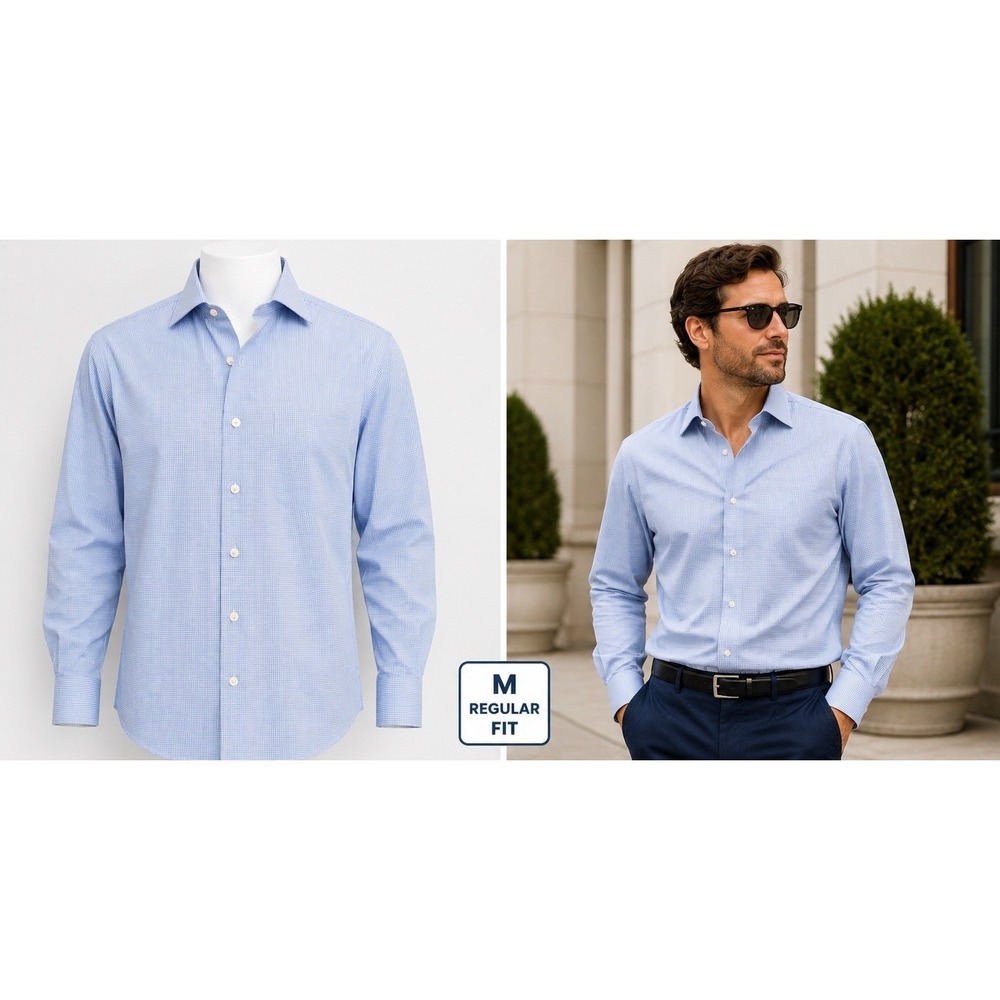 Ermenegildo Zegna Shirt Men's M Blue Button Down Checkered Pocket Board Room